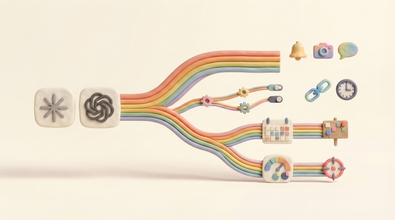 Handmade clay field guide showing several routes from AI chat to social publishing