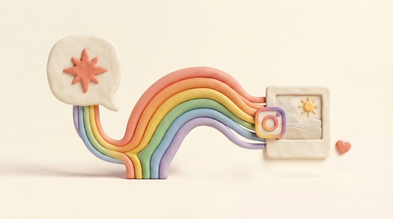 Handmade clay rainbow carrying a Claude conversation into a Instagram post