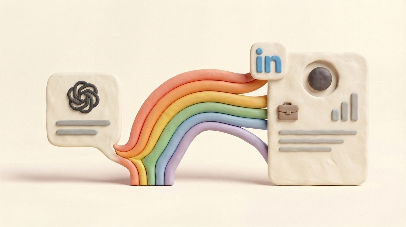 Handmade clay rainbow carrying a ChatGPT conversation into a LinkedIn post