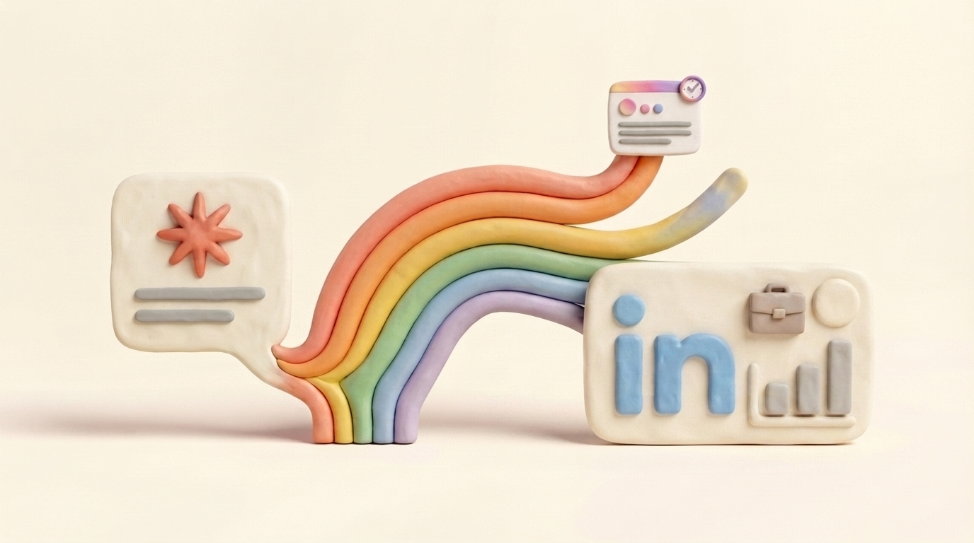 Handmade clay rainbow carrying a Claude conversation into a LinkedIn post