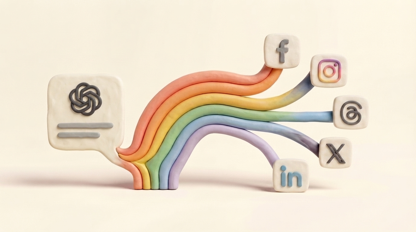 A clay rainbow routes one ChatGPT conversation into seven ready social posts