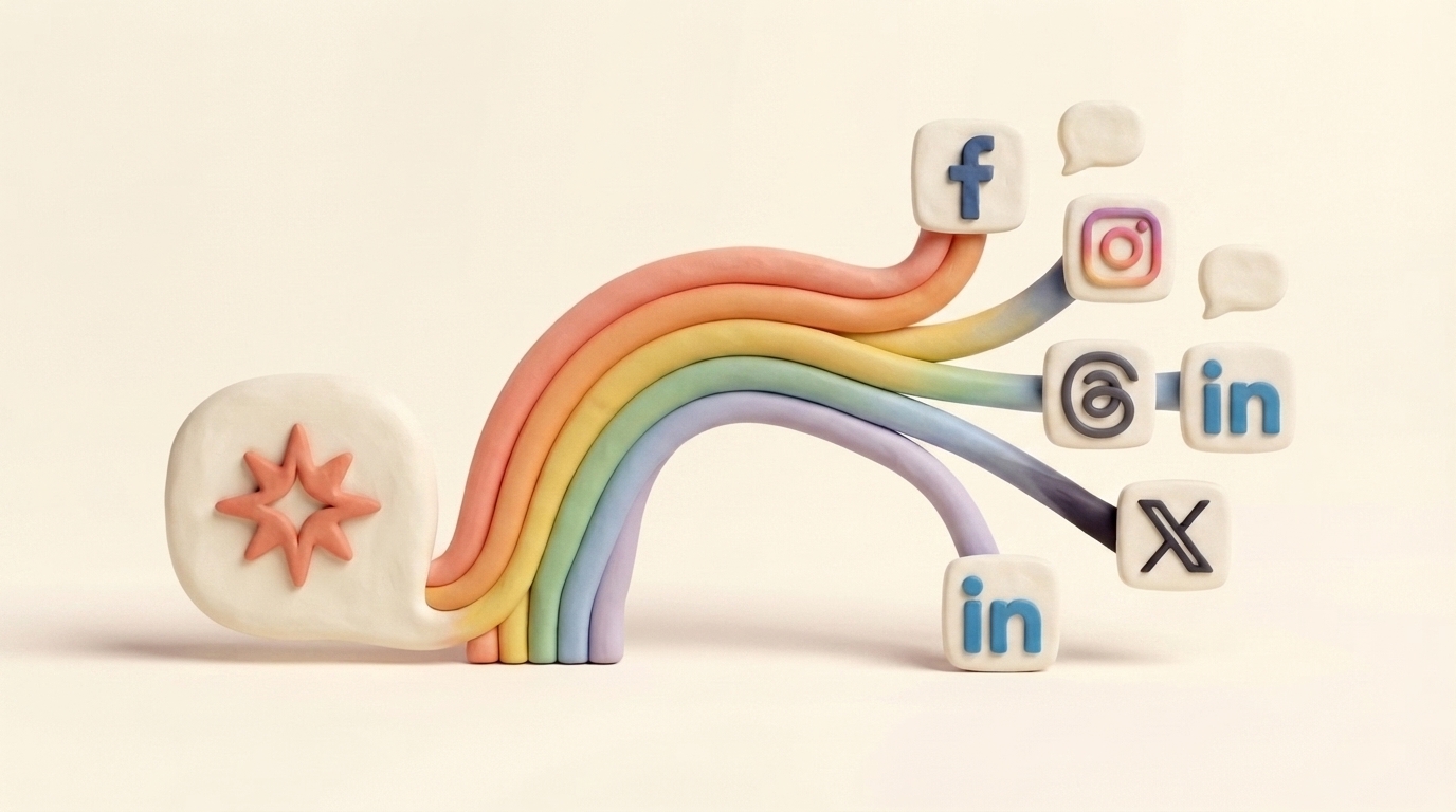 A clay rainbow routes one Claude conversation into seven ready social posts