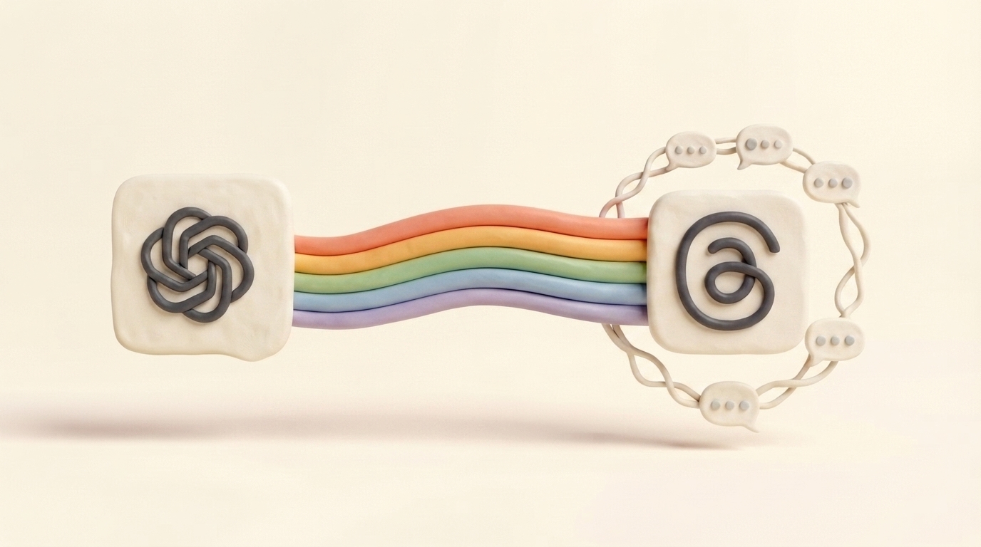 Handmade clay rainbow carrying a ChatGPT conversation into a Threads post
