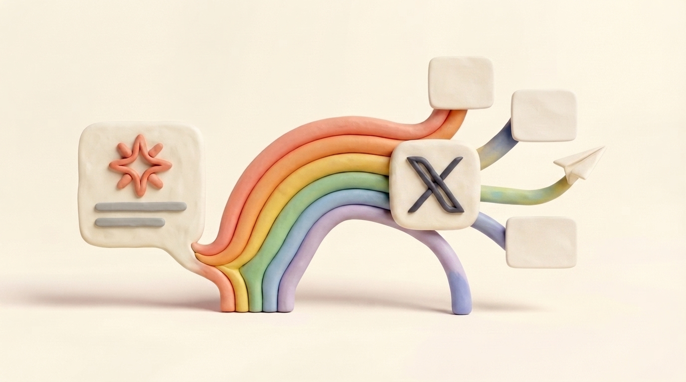 Handmade clay rainbow carrying a Claude conversation into a X post