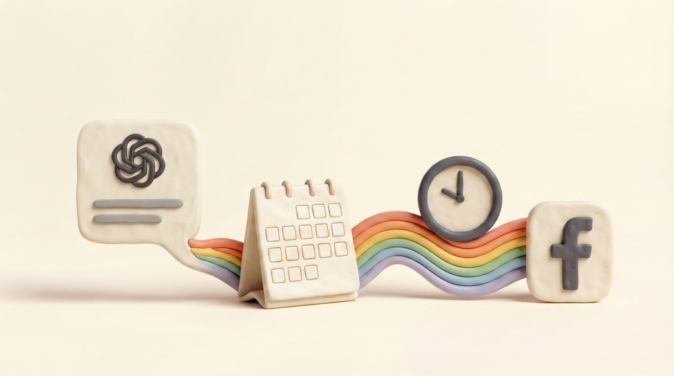 Clay clock and rainbow timeline carrying scheduled posts from ChatGPT to Facebook
