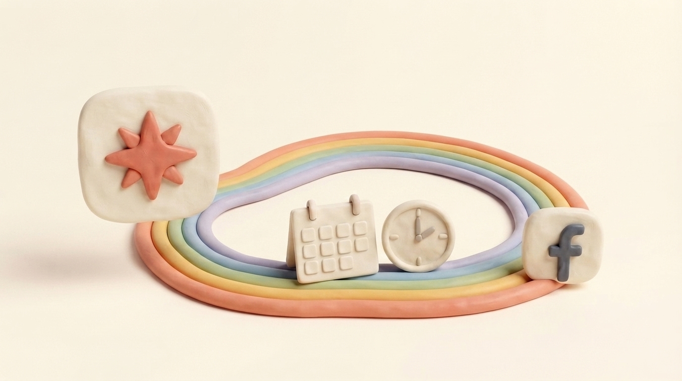 Clay clock and rainbow timeline carrying scheduled posts from Claude to Facebook