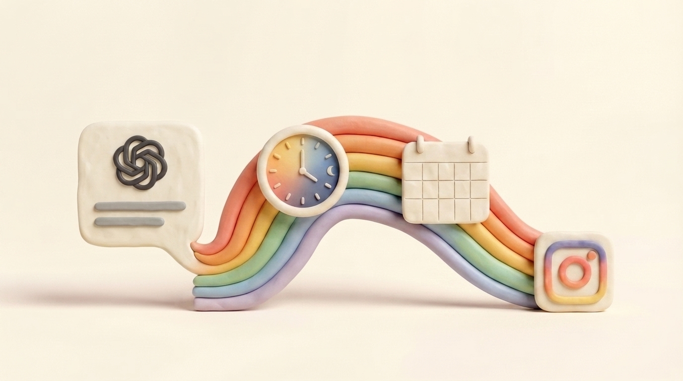 Clay clock and rainbow timeline carrying scheduled posts from ChatGPT to Instagram