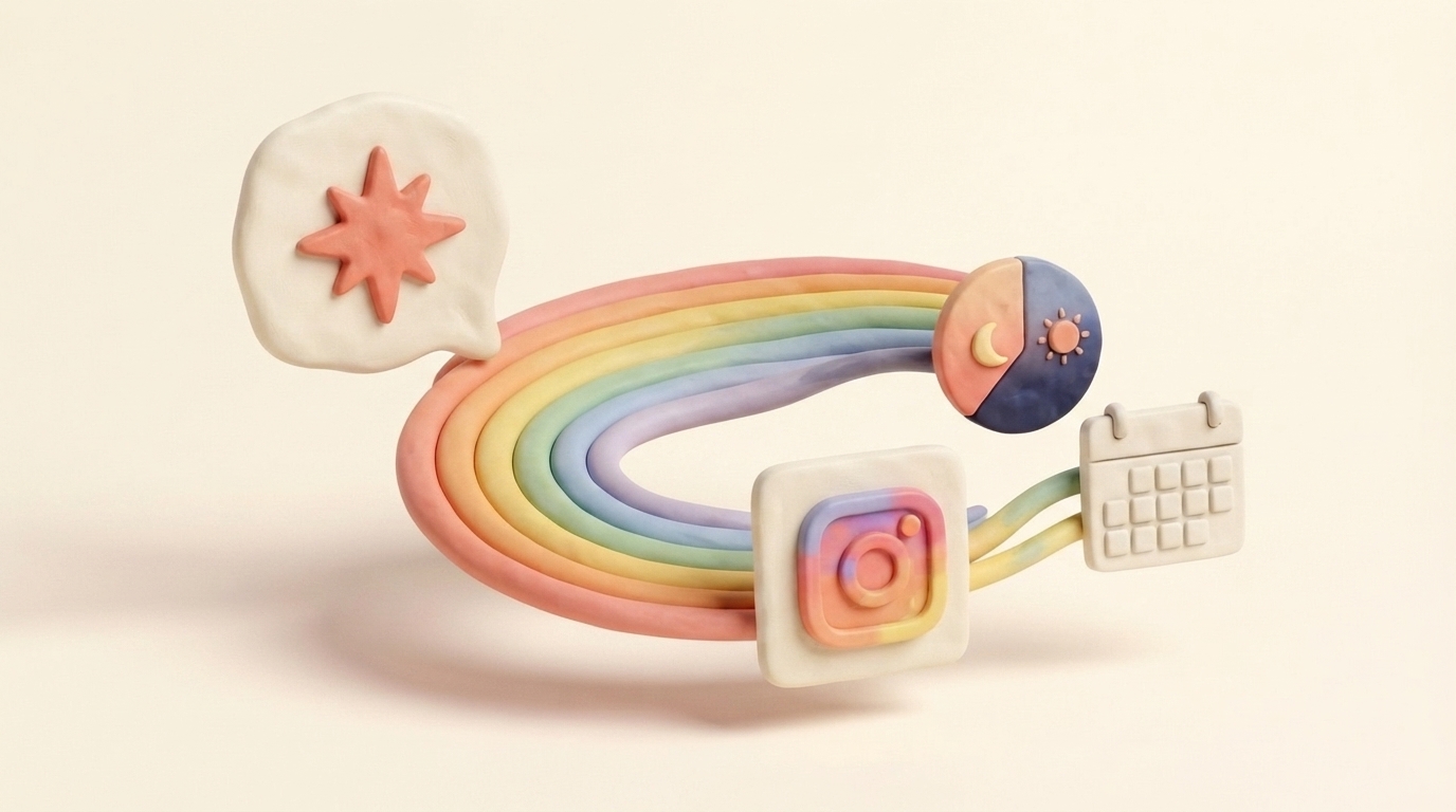 Clay clock and rainbow timeline carrying scheduled posts from Claude to Instagram