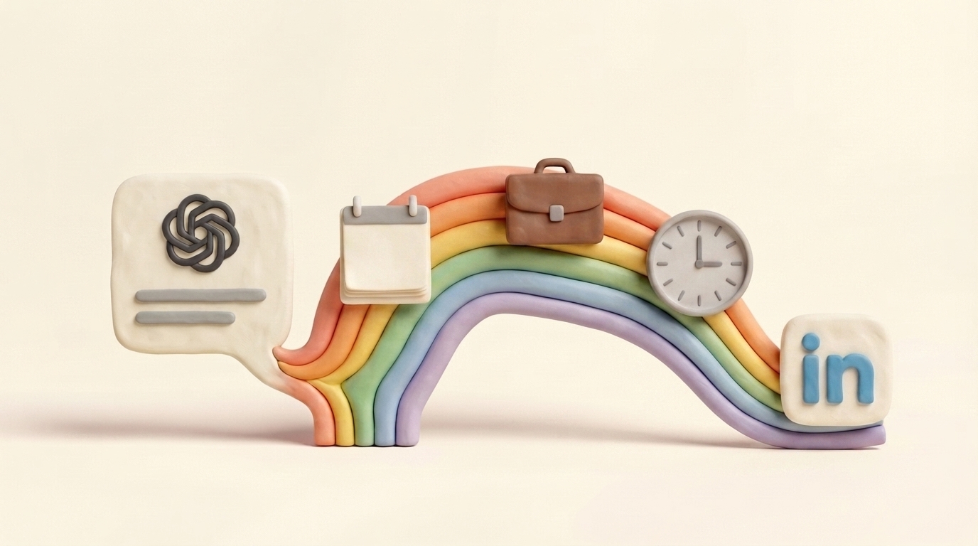 Clay clock and rainbow timeline carrying scheduled posts from ChatGPT to LinkedIn