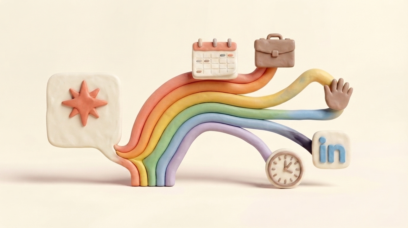 Clay clock and rainbow timeline carrying scheduled posts from Claude to LinkedIn