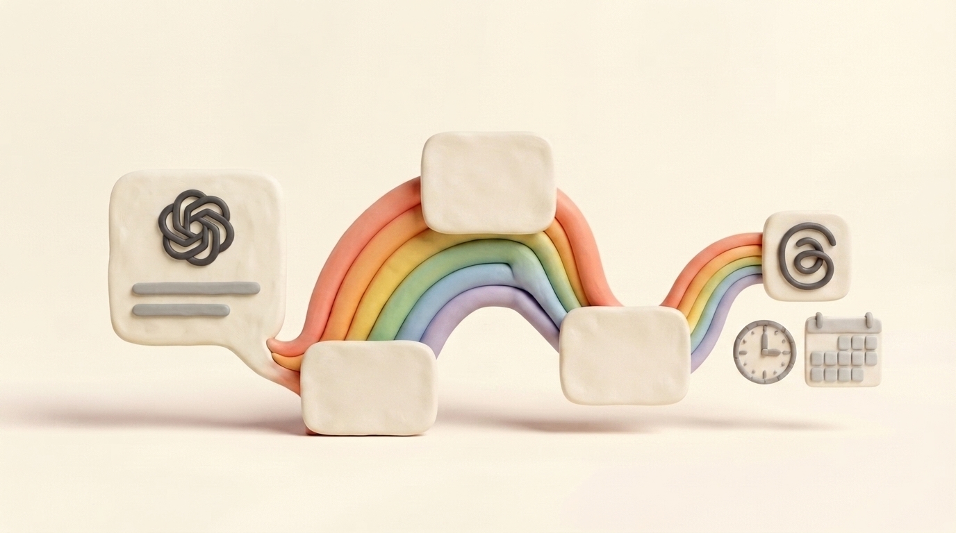 Clay clock and rainbow timeline carrying scheduled posts from ChatGPT to Threads