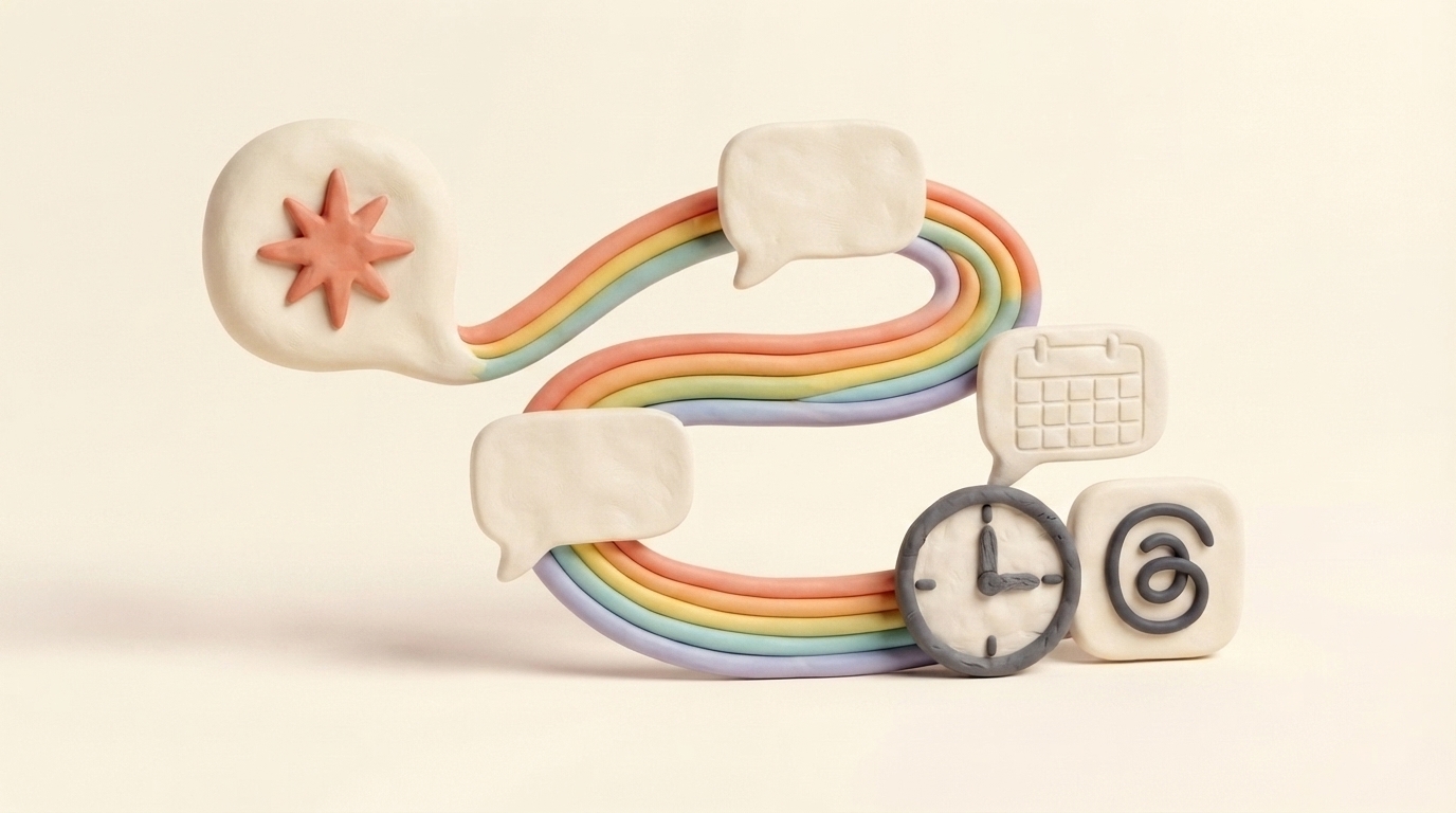 Clay clock and rainbow timeline carrying scheduled posts from Claude to Threads