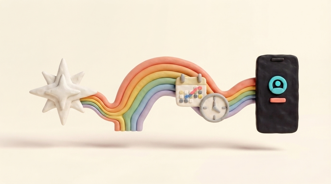 Clay clock and rainbow timeline carrying scheduled posts from ChatGPT to TikTok