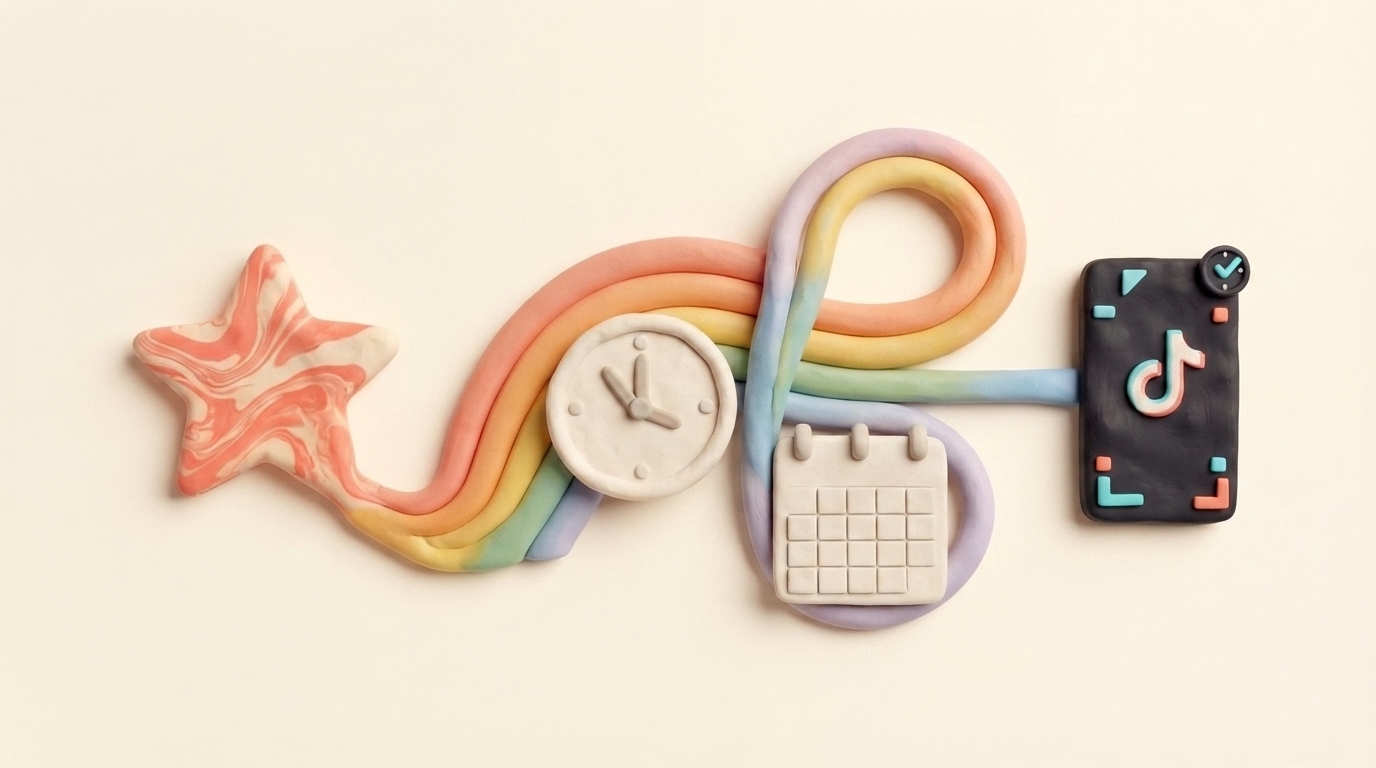 Clay clock and rainbow timeline carrying scheduled posts from Claude to TikTok