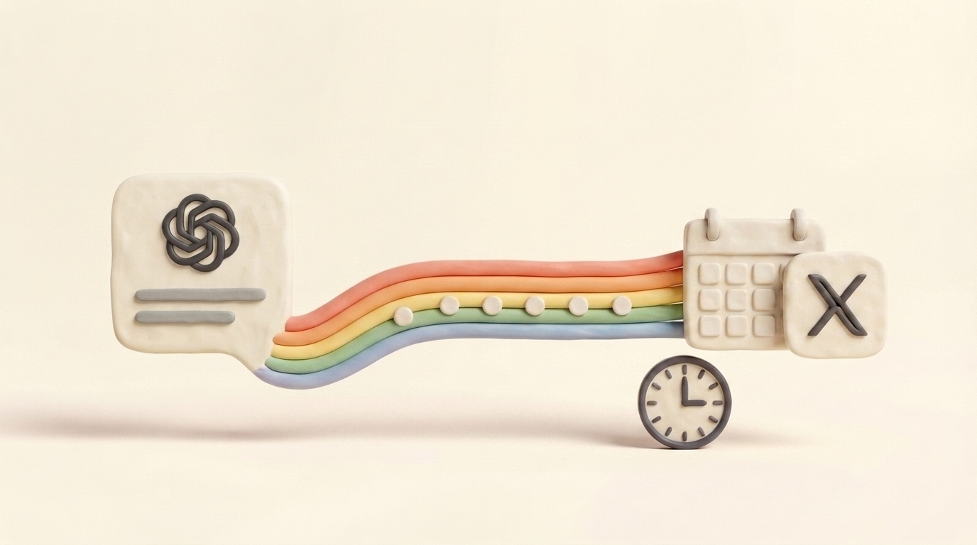 Clay clock and rainbow timeline carrying scheduled posts from ChatGPT to X