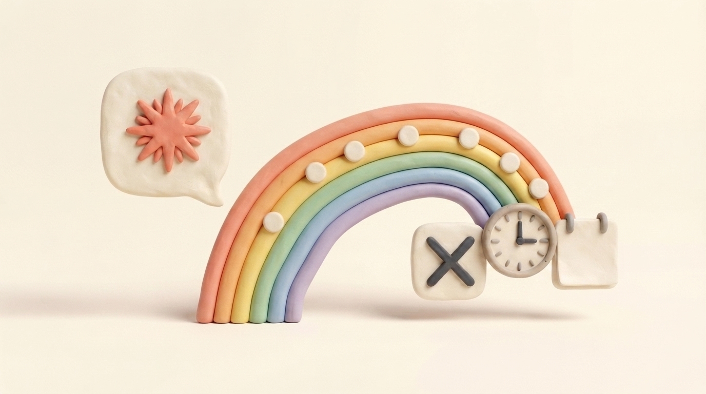 Clay clock and rainbow timeline carrying scheduled posts from Claude to X