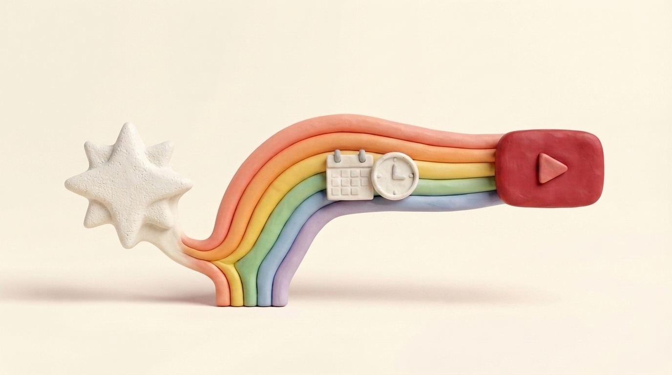 Clay clock and rainbow timeline carrying scheduled posts from ChatGPT to YouTube