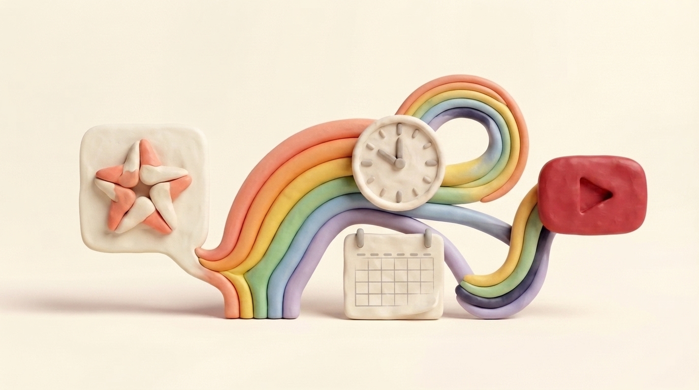 Clay clock and rainbow timeline carrying scheduled posts from Claude to YouTube