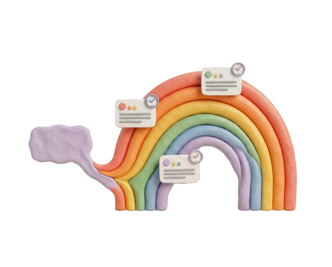 A clay conversation flowing into a rainbow with scheduled post cards